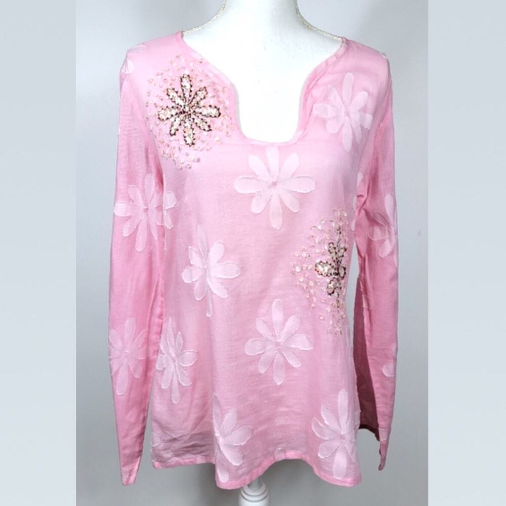 Equipment Pink Floral Appliqué Embroidered Long Sleeve Top - size medium